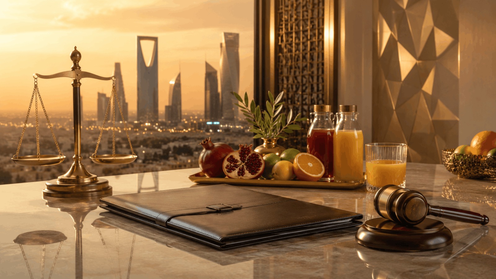 Luxury legal and commercial scene representing a partnership, Mudarabah, and franchise dispute involving a juice and fruit business in Riyadh, with scales of justice, legal documents, and business-related elements.
