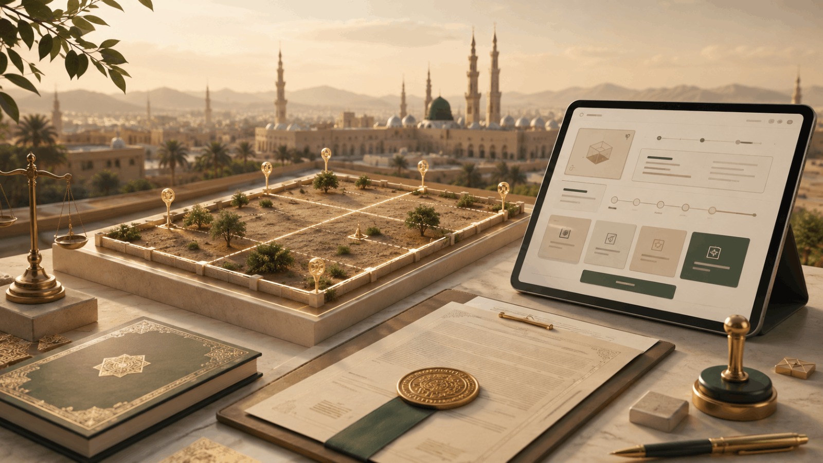 A professional legal and real estate visual representing property ownership verification in Madinah for a high-value real estate asset, with mapped property boundaries, legal documentation, and digital application tracking.