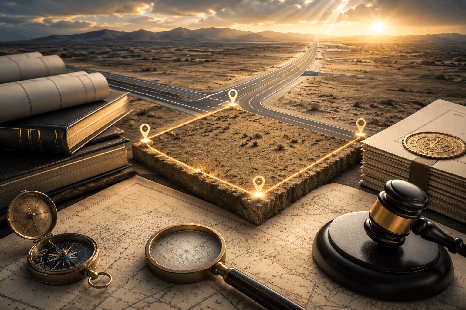 A professional legal and real estate scene showing a land parcel along the Al-Zulfi–Al-Ghat road, with highlighted property boundaries, legal documents, maps, and surveying elements representing ownership verification and review of the title deed.