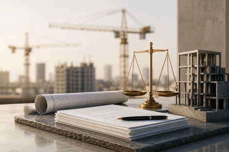 A professional construction and legal scene featuring architectural plans, legal documents, scales of justice, and a building model, representing a financial claim arising from completed contracting works.