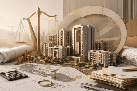 مشهد قانوني ومعماري احترافي يجمع بين مجسم مشروع سكني كبير، مخططات هندسية، مستندات قانونية وميزان العدالة، بما يعكس نزاعًا معقدًا في مشروع مقاولات ضخم.