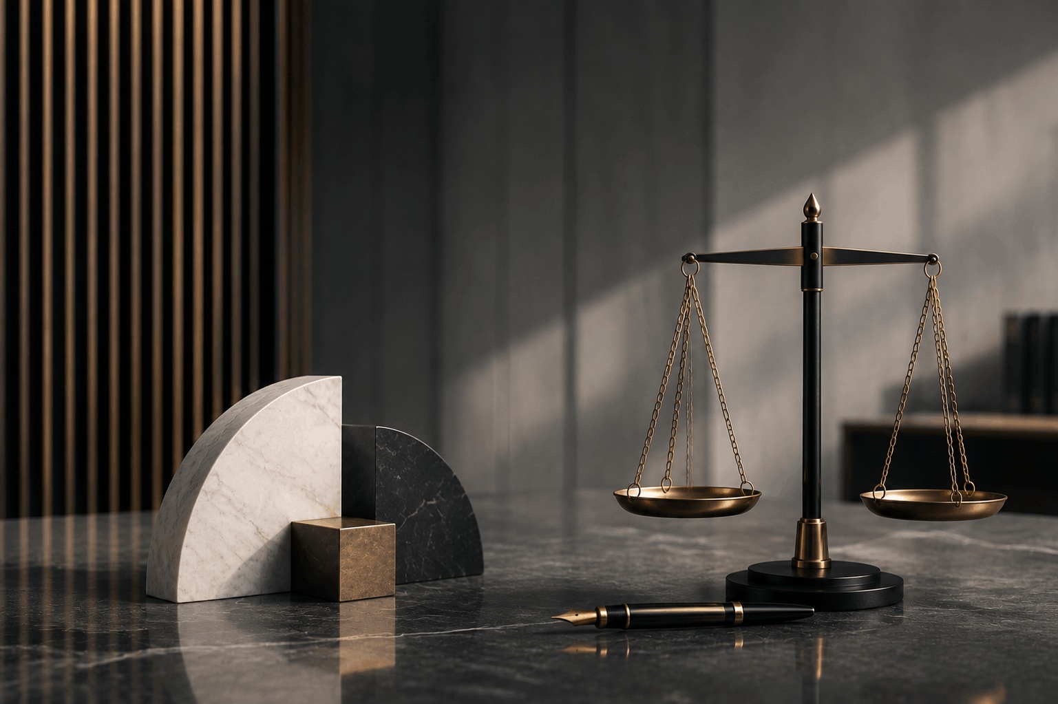 Scales of justice and a legal pen symbolizing a commercial franchise dispute resolved through arbitration.