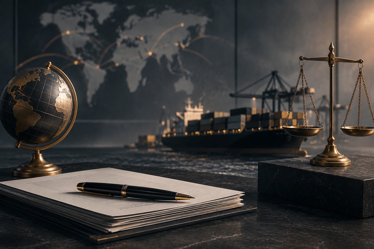 Scales of justice, a world map, cargo ship, and legal documents representing an international commercial dispute involving a high-value manufacturing and export contract and a substantial penalty clause claim.