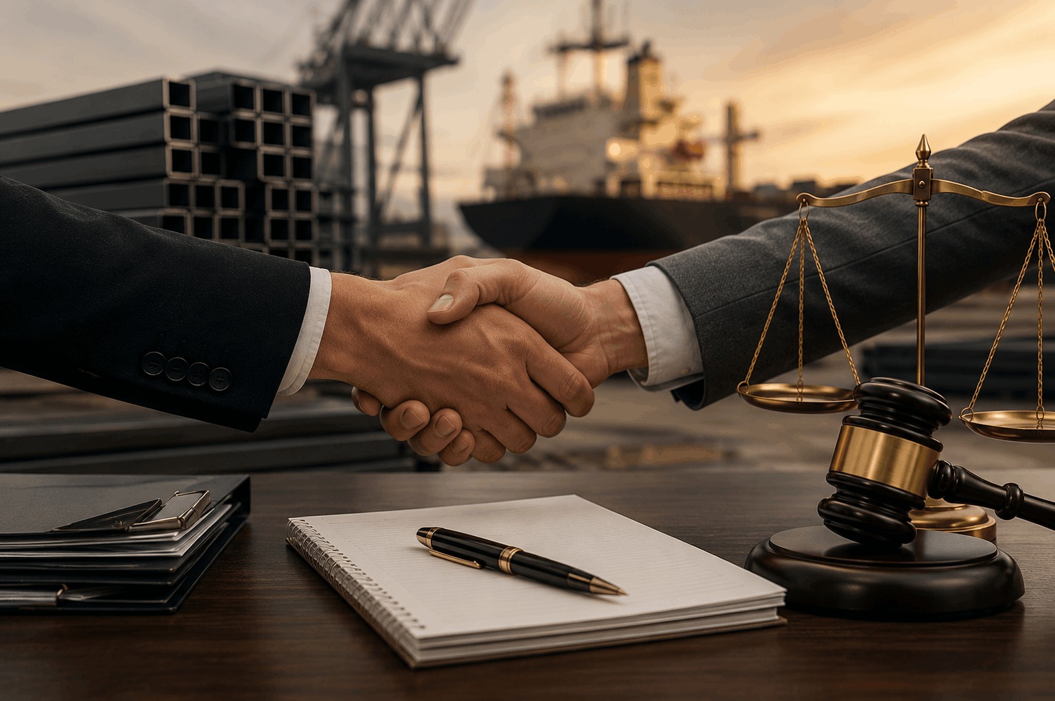 Business handshake at an international shipping port with scales of justice and a judicial gavel, representing the settlement of a cross-border steel supply contract dispute.