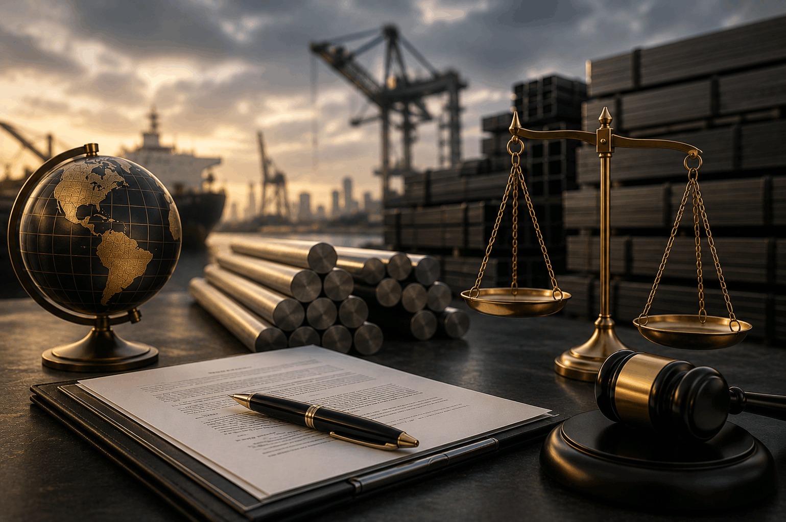 Scales of justice, judicial gavel, commercial contract, steel materials, and an international shipping port representing a legal review of a high-value international steel supply agreement and penalty clause claim.