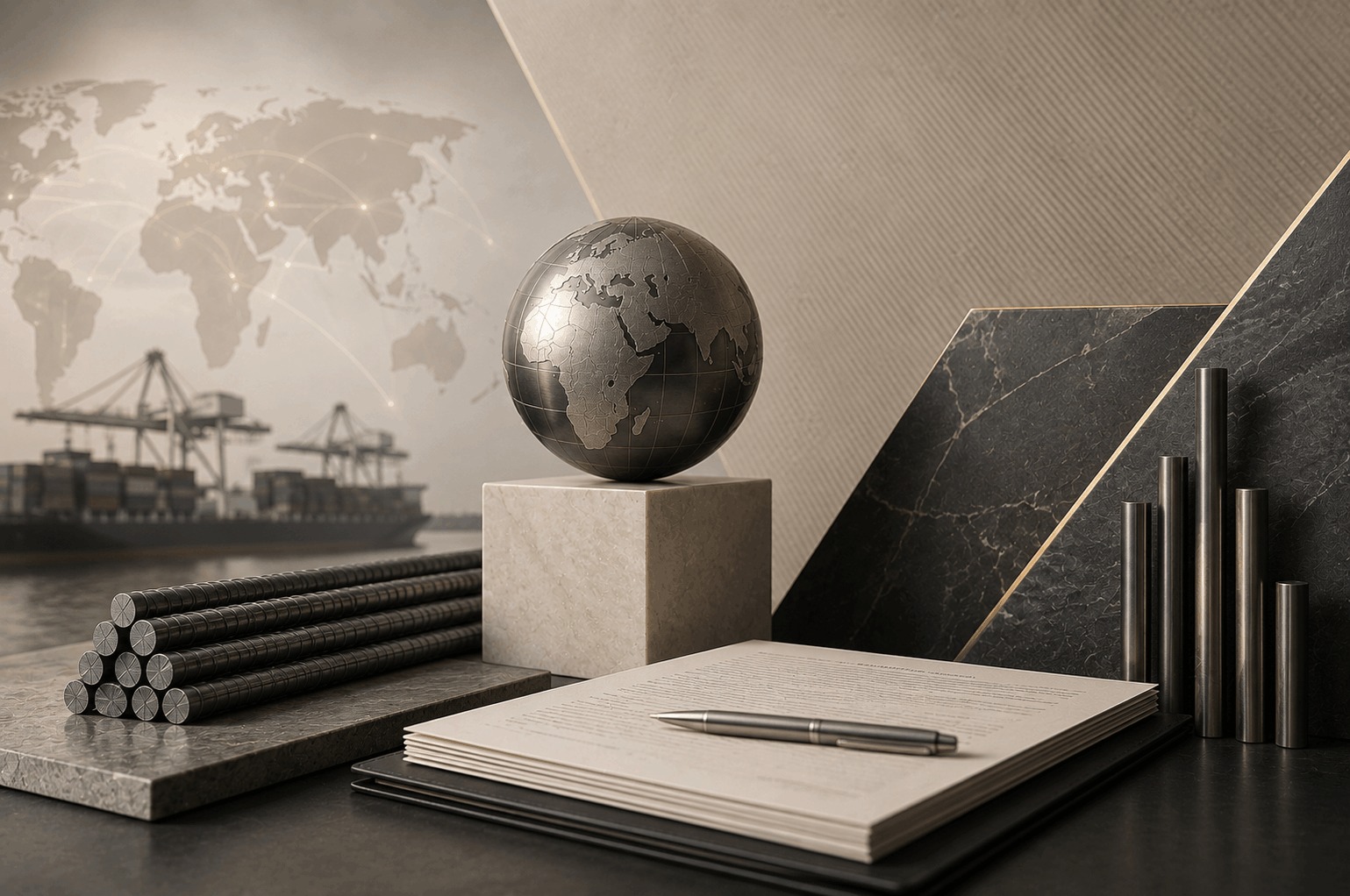 International steel supply contract with steel products, a globe, and shipping port elements representing a legal review of a penalty clause claim in Dubai.
