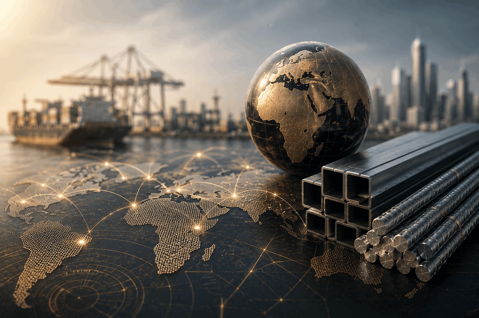 Globe with an international trade network, steel products, and a shipping port representing a high-value cross-border steel supply contract and penalty clause claim connected with Turkey.