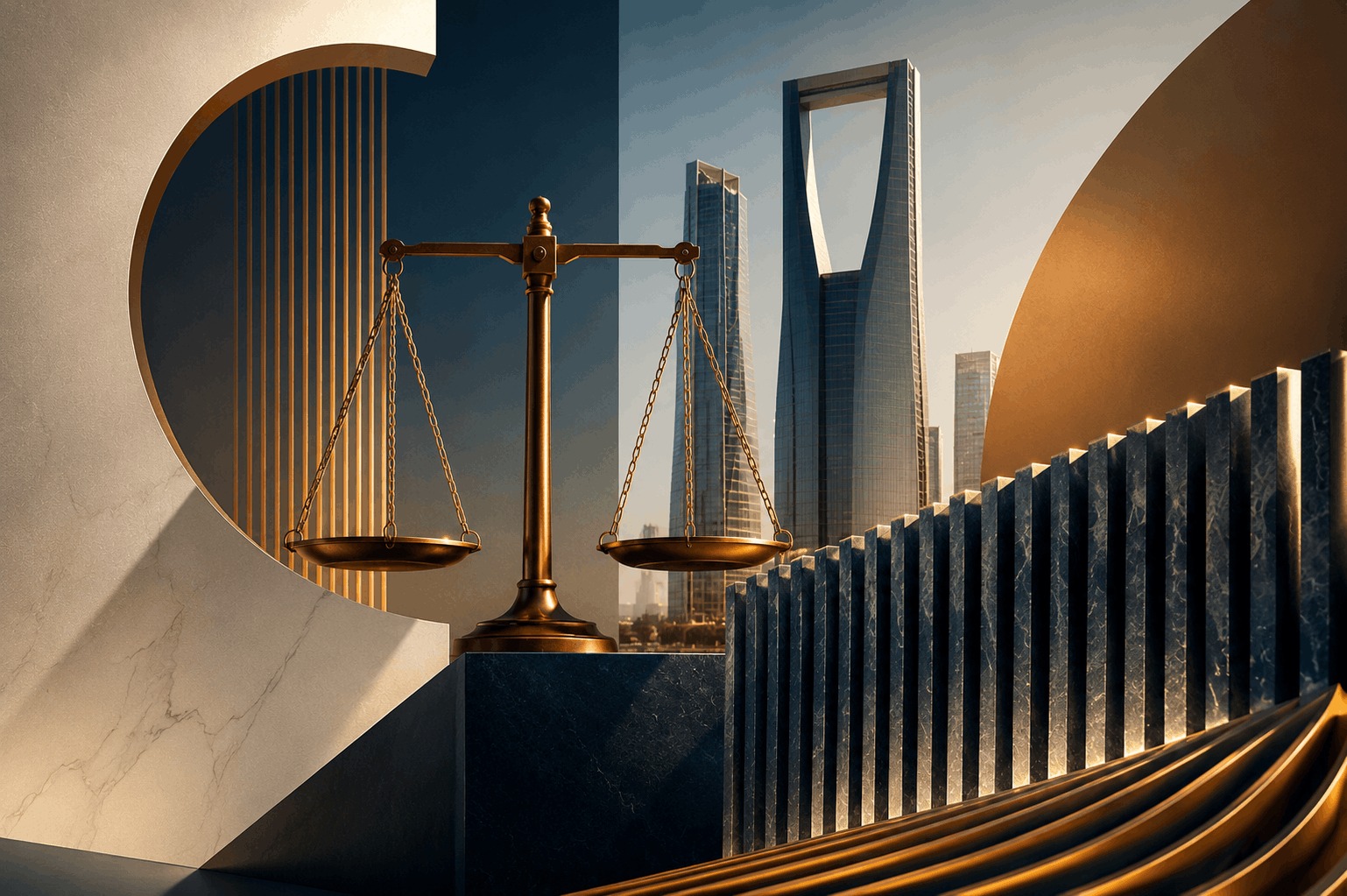 Scales of justice with modern architecture representing legal representation in real estate and commercial disputes in Saudi Arabia