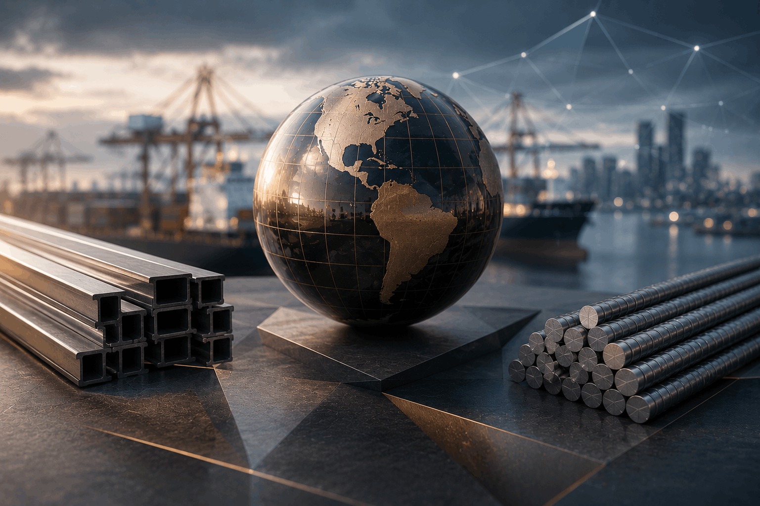 Steel products, a globe, and an international shipping port representing the legal and judicial review of a cross-border steel supply contract connected with Canada.