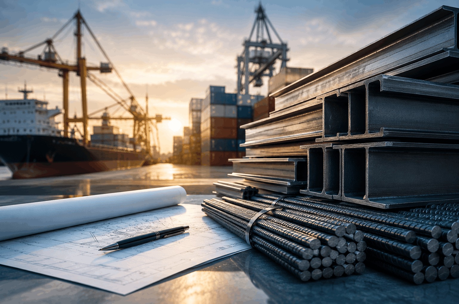 Steel products and technical documents at an international shipping port, representing the legal review of a cross-border steel supply contract and penalty clause claim connected with India.
