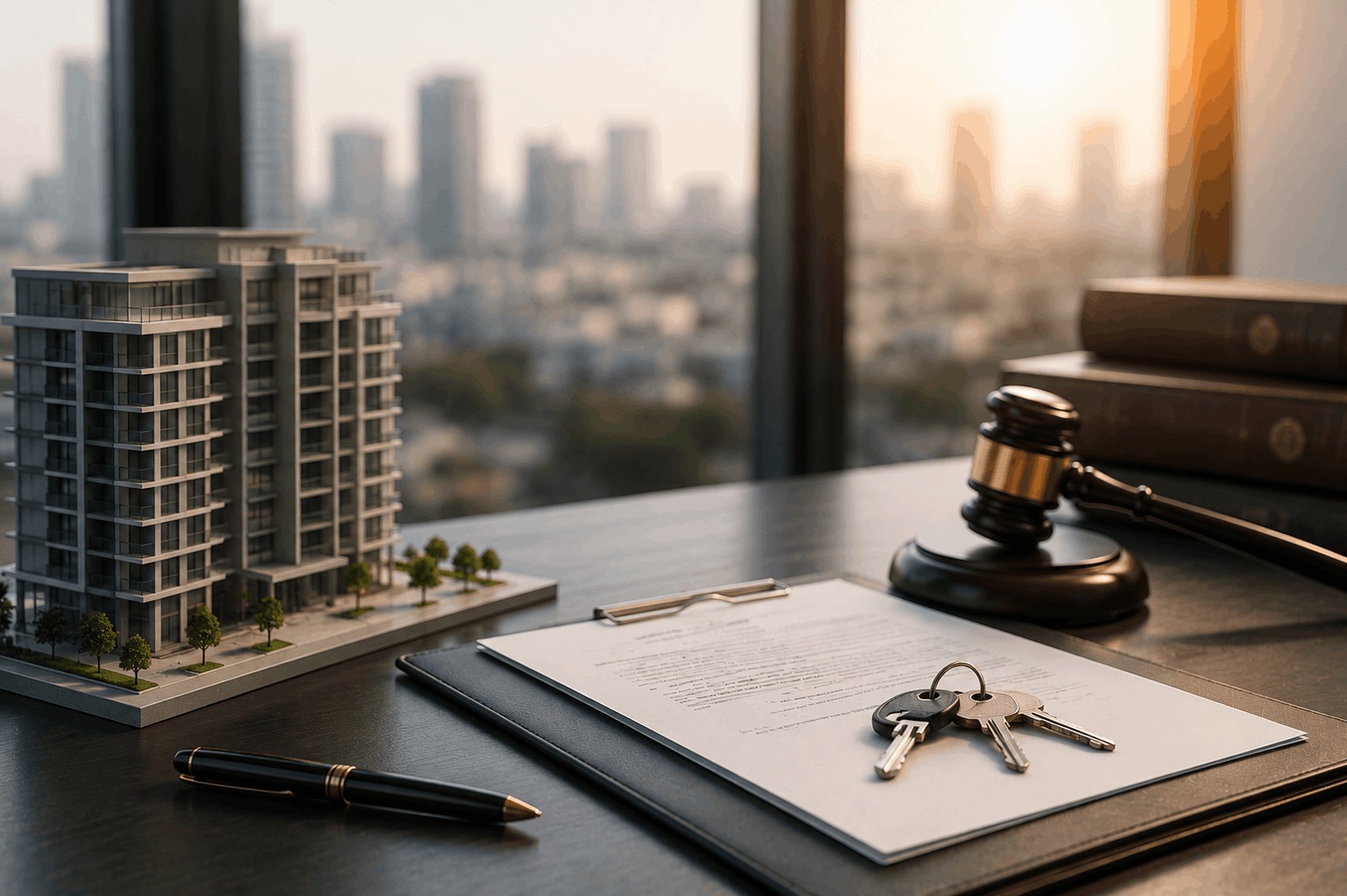 Residential property model with a lease agreement, property keys, and a judicial gavel representing the settlement of a rental dispute and outstanding rent claim in Riyadh.