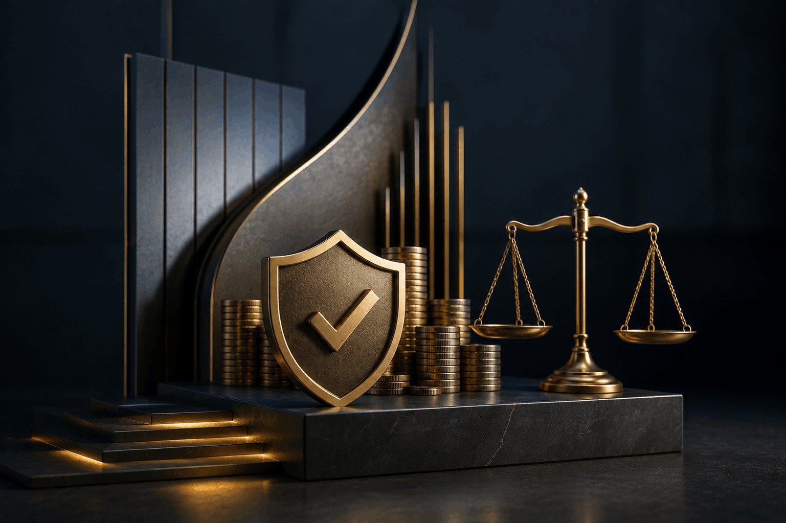 تمثيل بصري لنزاع تمويل بنكي وكفالات شخصية، يظهر درع الحماية وميزان العدالة والعملات في إشارة إلى حماية الحقوق المالية ومعالجة الديون والإجراءات التنفيذية.