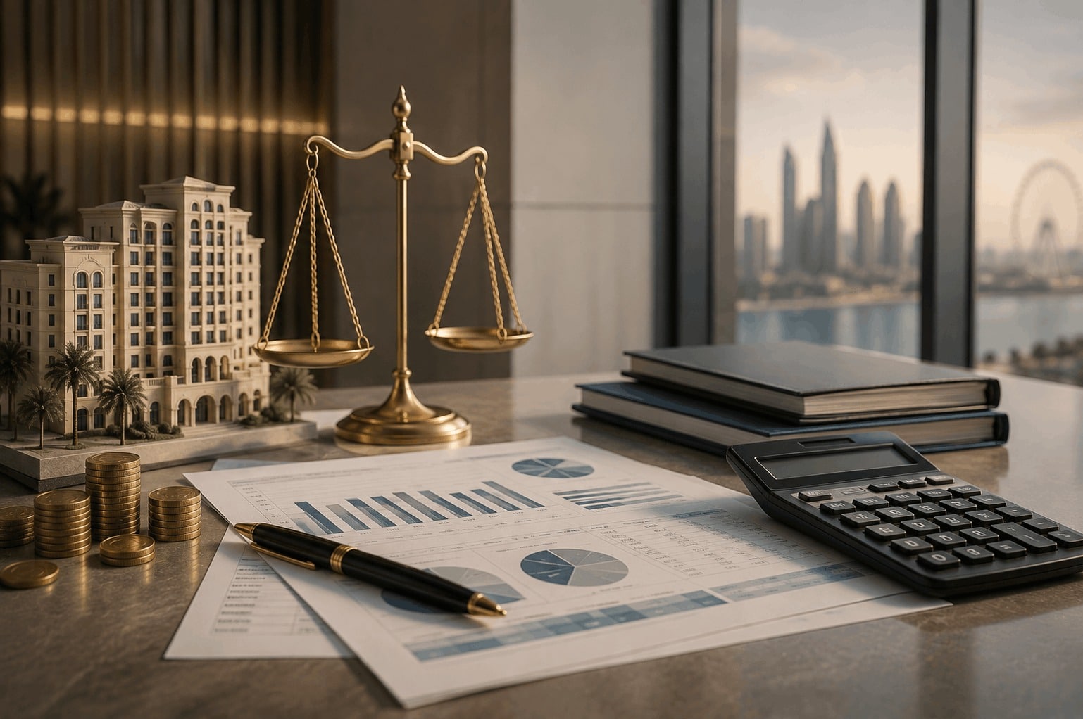 Financial reports and accounting statements with a calculator, scales of justice, and a hotel property model representing the review and audit of partners’ financial rights in a hospitality and tourism company.
