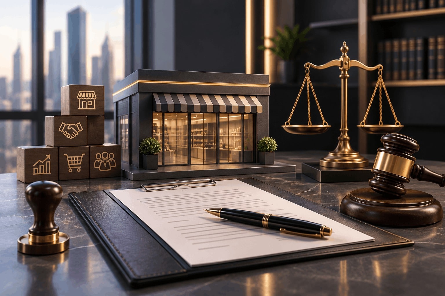 Commercial storefront model with a franchise agreement, scales of justice, and a judicial gavel representing a franchise dispute involving contract termination and compensation.