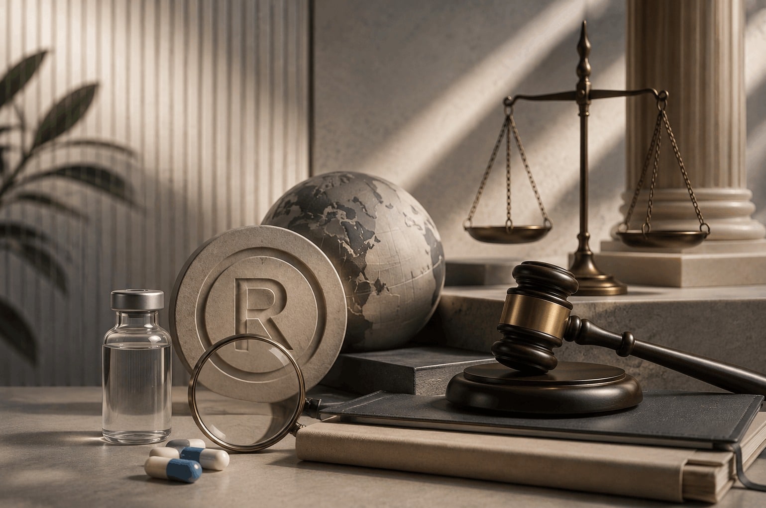 Trademark symbol with medical products, a magnifying glass, scales of justice, and a judicial gavel, representing a legal review of a compensation claim arising from trademark imitation and commercial damages.