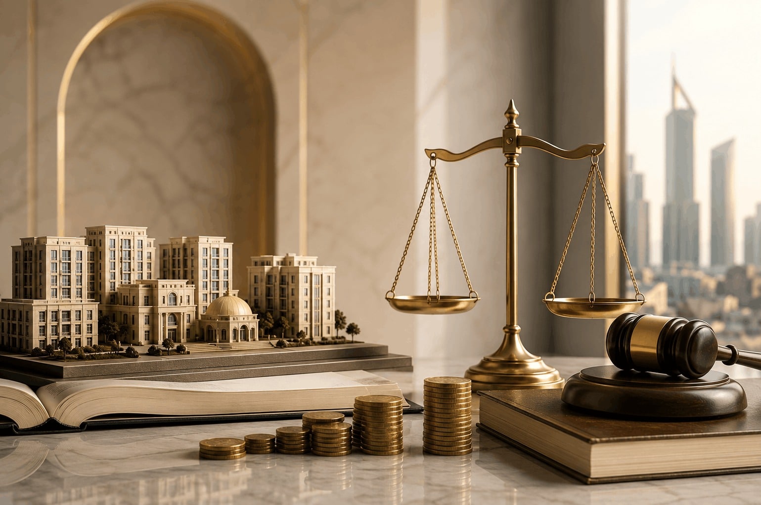 نماذج لأصول عقارية مع عملات ذهبية وميزان العدالة ومطرقة القضاء، تعكس نزاعًا حول استحقاقات الموقوف عليهم وتنفيذ شروط الواقف في وقف مرتفع القيمة.