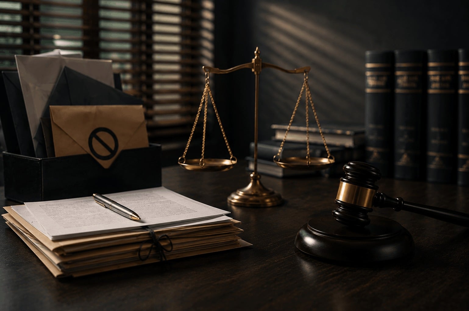 Scales of justice, judicial gavel, and legal documents against a background symbolizing criminal punishment, representing a commercial defamation and reputation damage case involving a trademark and medical products.