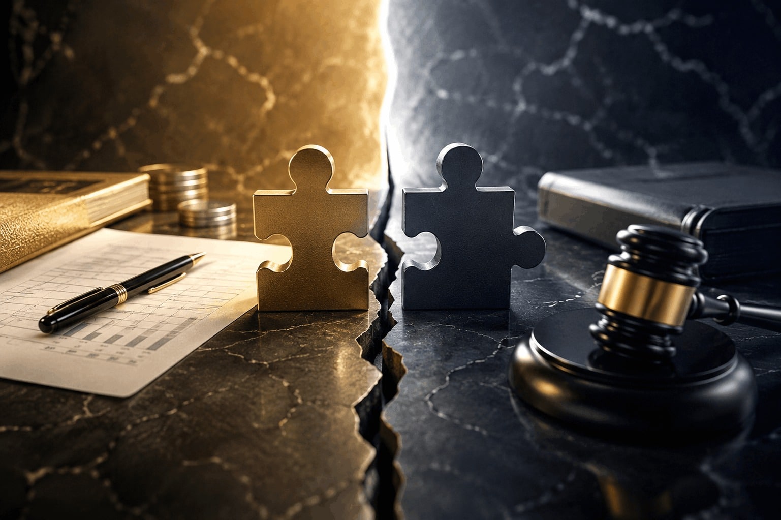Separated partnership symbols with financial documents and a judicial gavel, representing a dispute between partners over shareholdings, settlement of rights, and exit from the company.