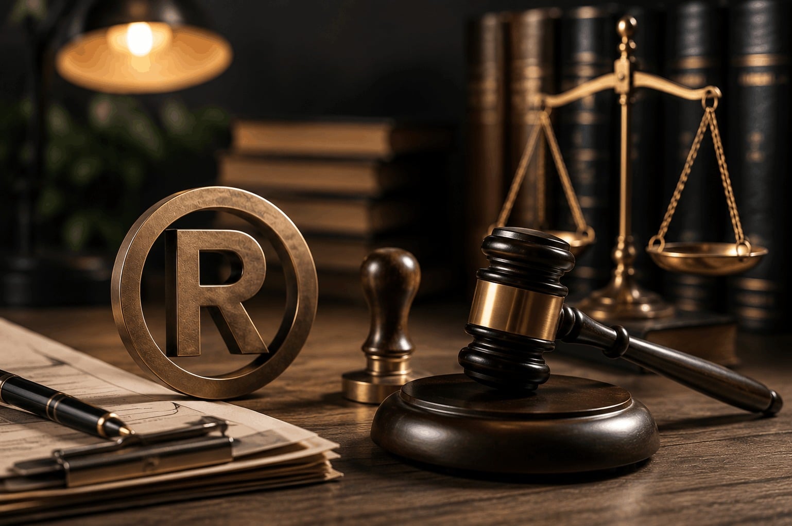 رمز علامة تجارية مع مطرقة القضاء وميزان العدالة ومستندات قانونية، يعكس نزاعًا بشأن تقليد علامة تجارية وطلب شطبها في قطاع تصنيع الأغذية.