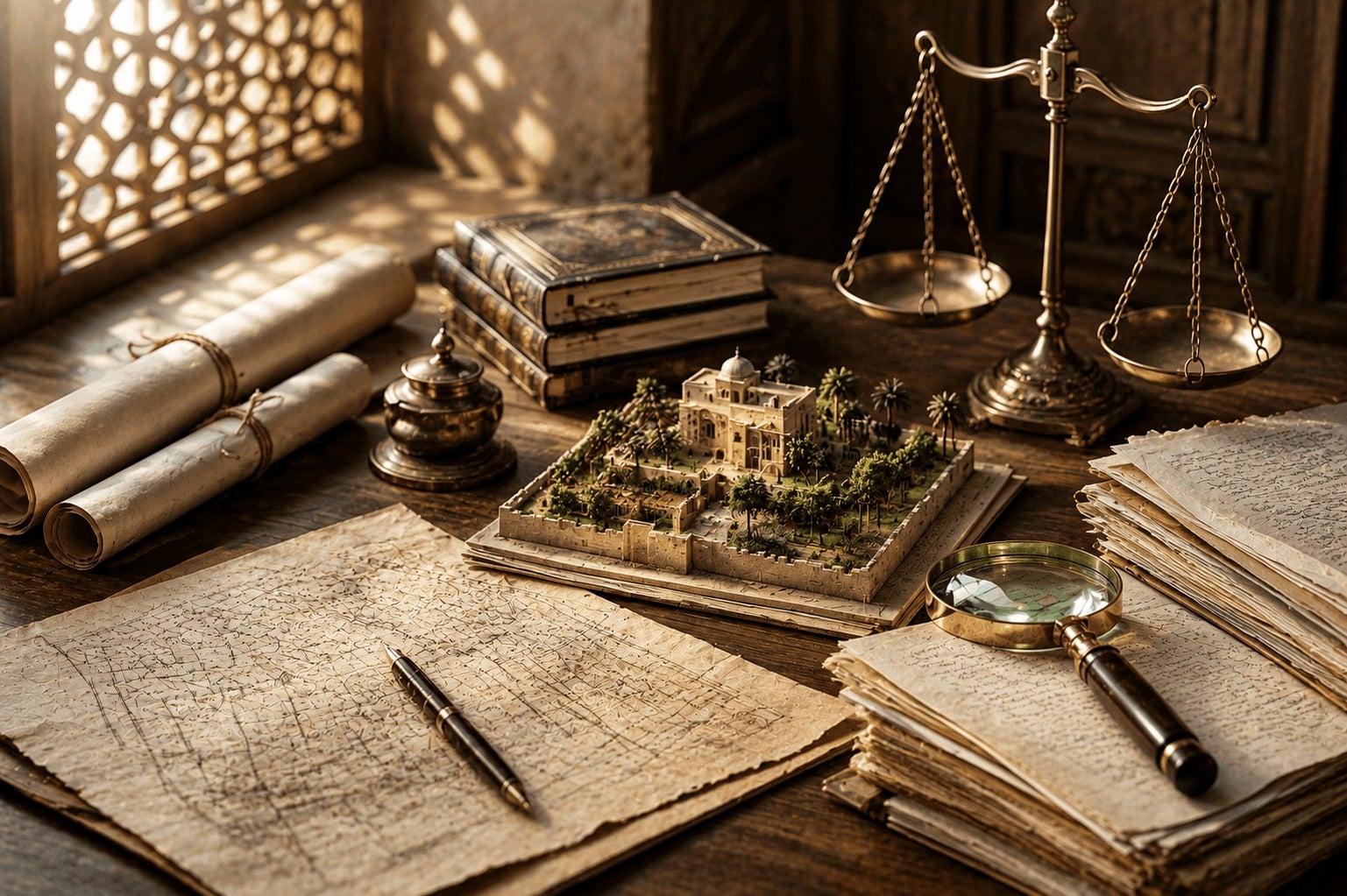 Historical property deeds and documents with a real estate model, magnifying glass, and scales of justice, representing a dispute over establishing an endowment and separating endowed properties from privately owned assets.