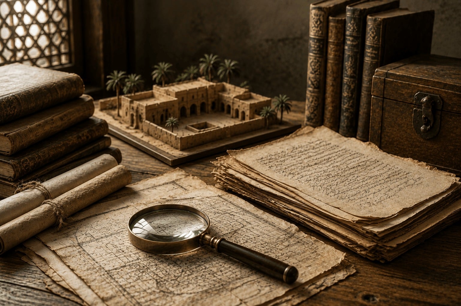 Historical deeds and property documents with a real estate model, magnifying glass, and law books, representing the review of old ownership records to establish endowment status and separate endowed assets from privately owned property.