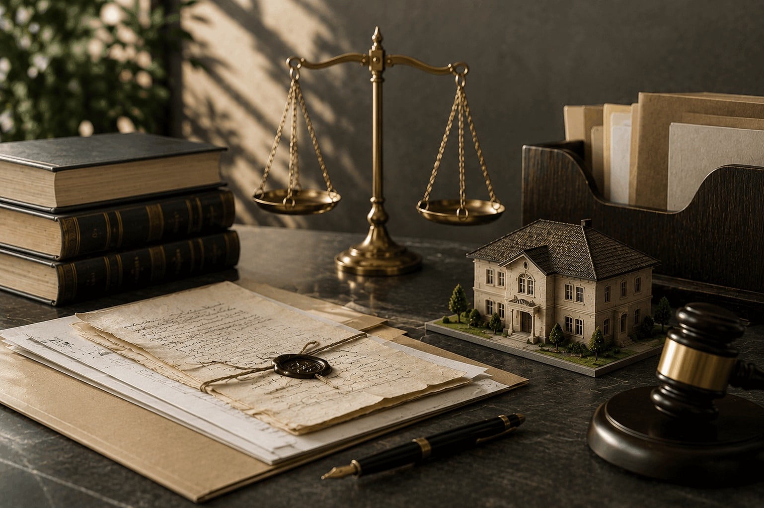 وصية مختومة مع نموذج عقار وميزان العدالة ومطرقة القضاء، تعكس نزاعًا حول تعديل بند نظارة الوقف وتنفيذ إرادة الموصي وقسمة التركة.