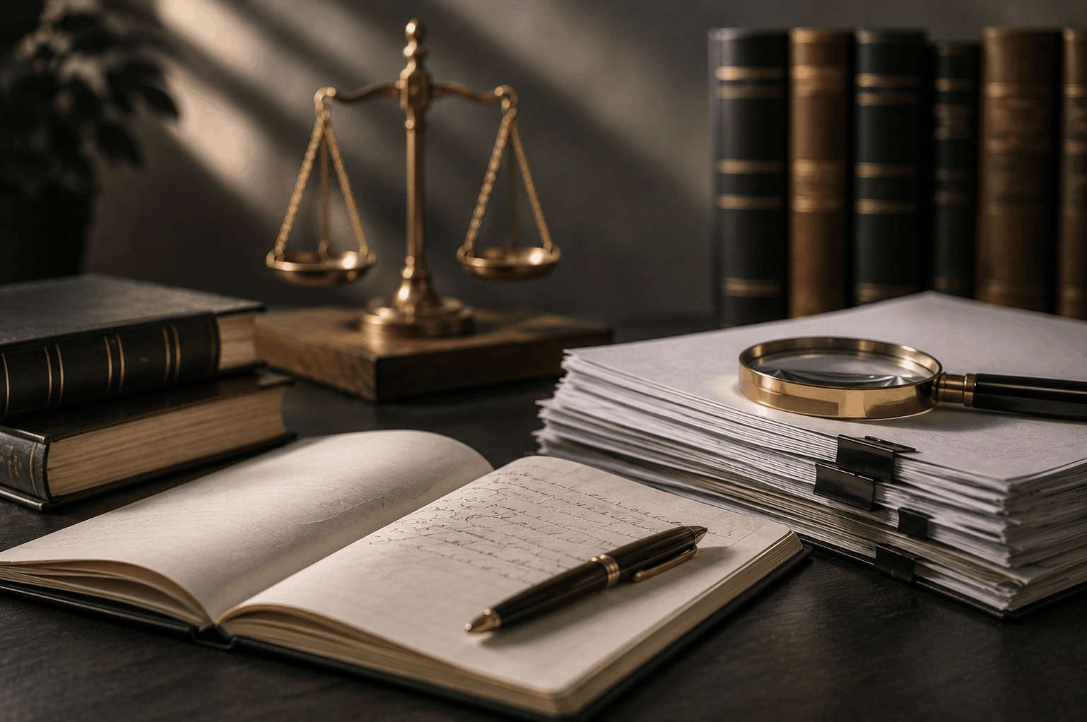Scientific research documents with a magnifying glass, scales of justice, and legal books, representing a legal review of a copyright dispute involving unauthorized use of part of an academic research work.