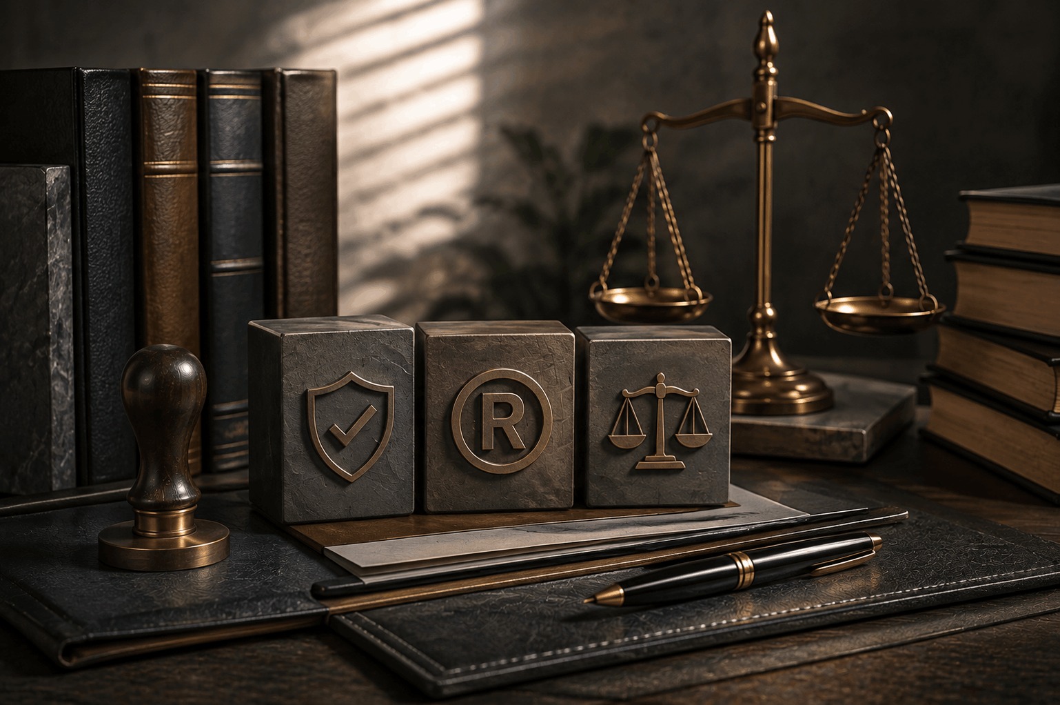 Trademark symbols with legal documents and scales of justice representing the defense of three registered trademarks against cancellation requests in the oil and lubricants sector.