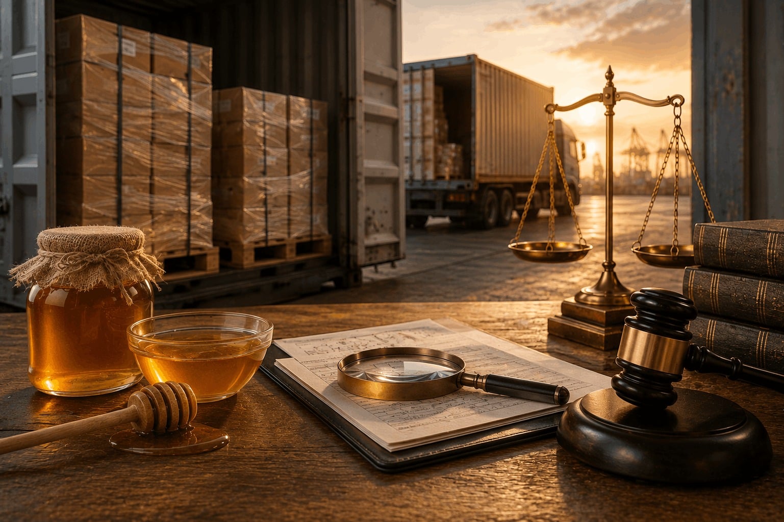 Imported honey shipment at a customs facility with inspection documents, a magnifying glass, scales of justice, and a judicial gavel, representing an administrative dispute over detention and refusal to release the shipment.