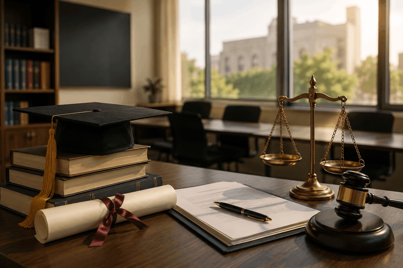 Graduation cap, diploma, academic documents, scales of justice, and a judicial gavel representing an administrative dispute over appointment to the rank of Assistant Professor at a government university.