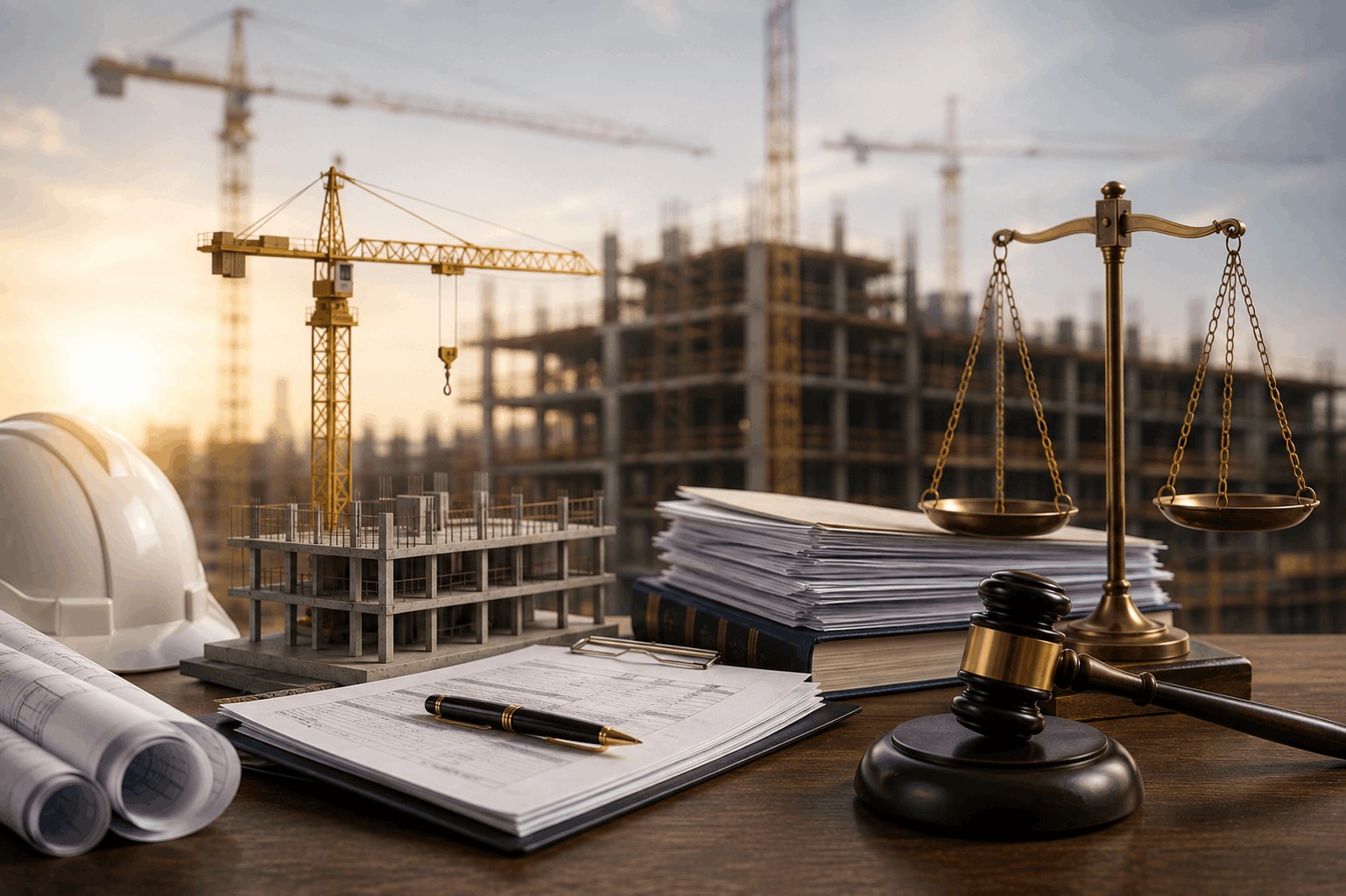 Government construction project site with engineering drawings, a safety helmet, scales of justice, and a judicial gavel, representing a construction dispute involving project extensions, delayed payment certificates, and compensation claims.
