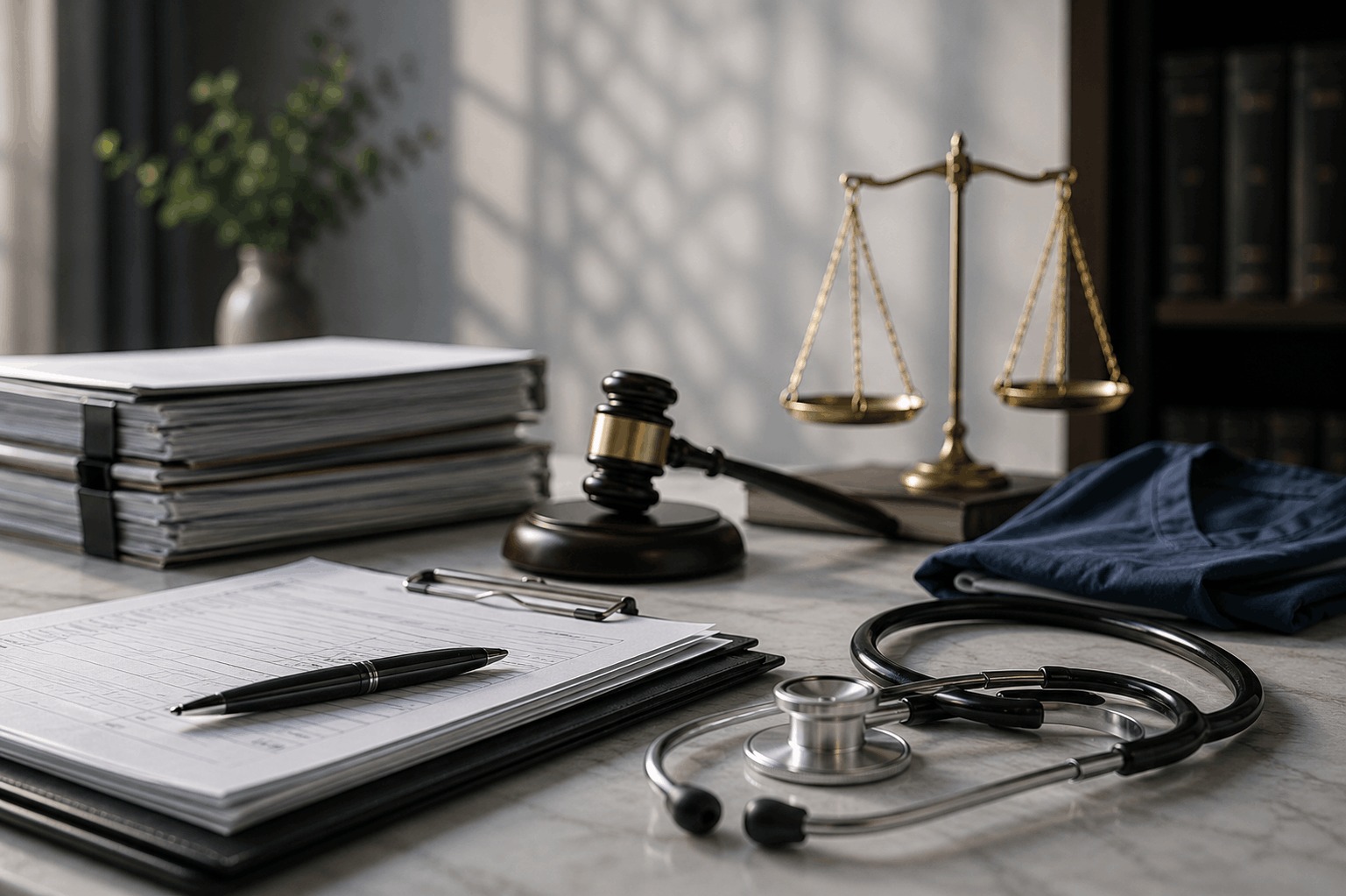 Stethoscope and medical documents with legal files, scales of justice, and a judicial gavel, representing an administrative and medical malpractice dispute involving the cancellation of a decision to close a medical complaint.