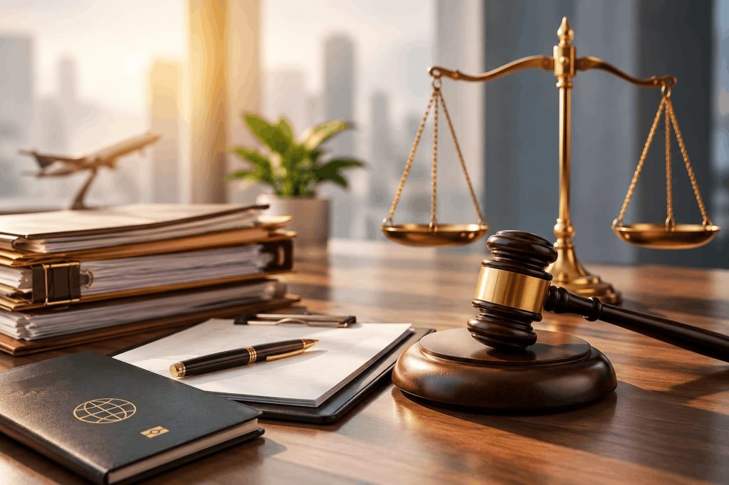 Passport and legal documents with scales of justice and a judicial gavel, representing a labor and administrative dispute involving an absenteeism report, sponsorship transfer, and recovery of employment rights.