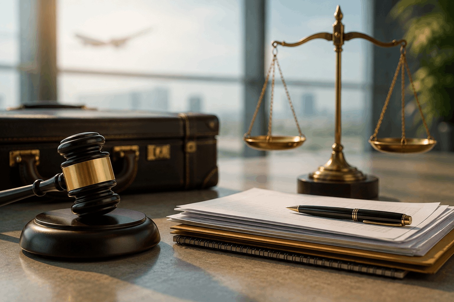 Employment and legal documents with scales of justice, a judicial gavel, and a professional briefcase, representing a dispute involving an absenteeism report, sponsorship transfer, and recovery of employment rights before the labor and administrative courts.