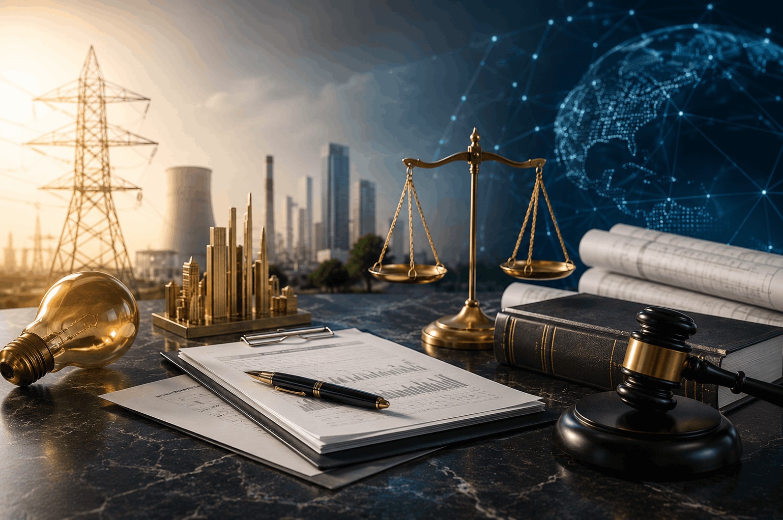 Electrical infrastructure and investment plans with legal documents, scales of justice, and a judicial gavel, representing administrative, commercial, and intellectual property disputes involving an investor in the electricity sector.