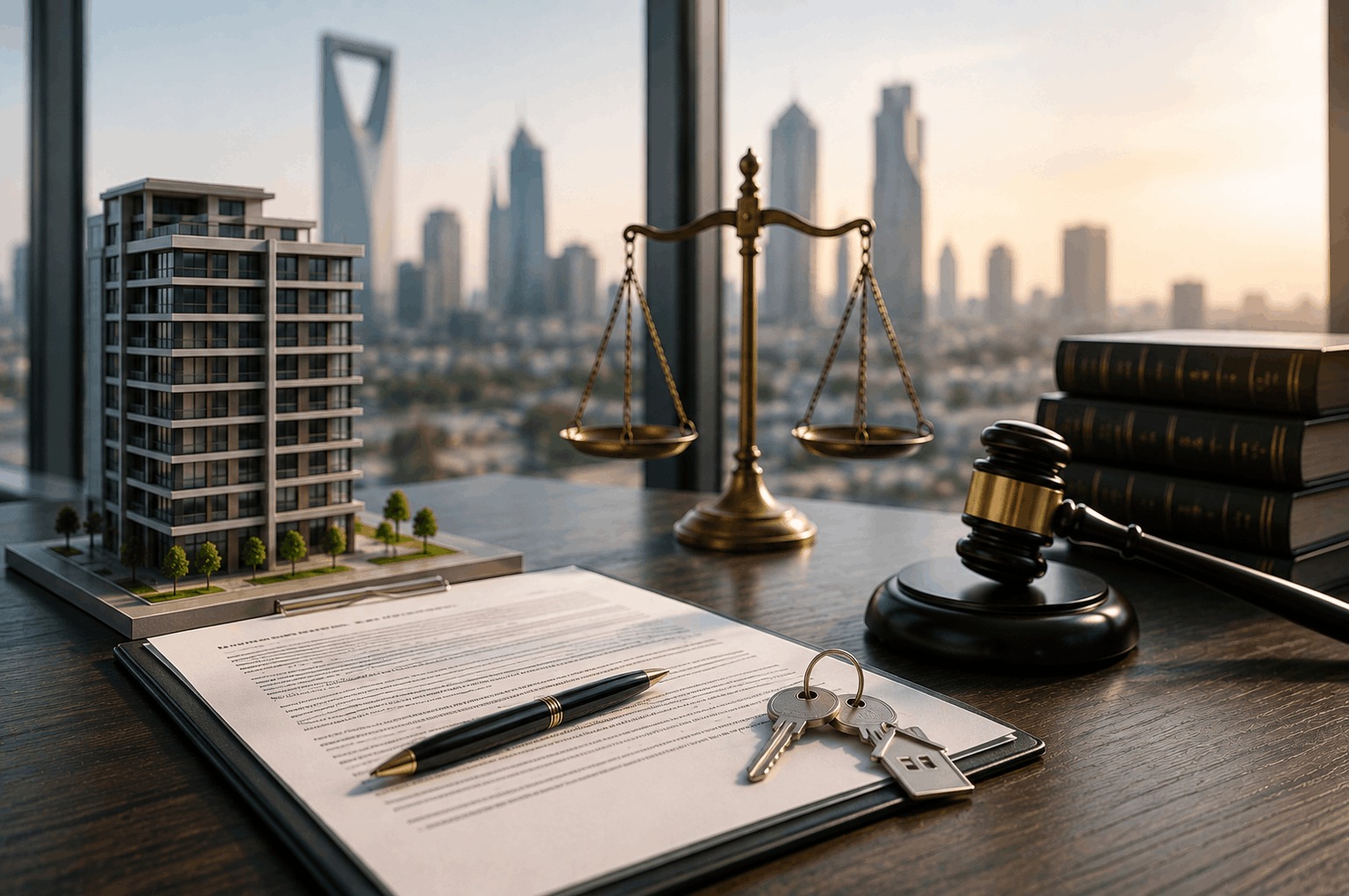 Residential tower model with a lease agreement, property keys, scales of justice, and a judicial gavel representing a real estate rental and investment dispute in Riyadh.