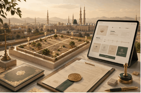 مشهد بصري عقاري وقانوني يعبّر عن إثبات تملك عقار مرتفع القيمة في المدينة المنورة ومتابعة الإجراءات القانونية عبر منصة إحكام.