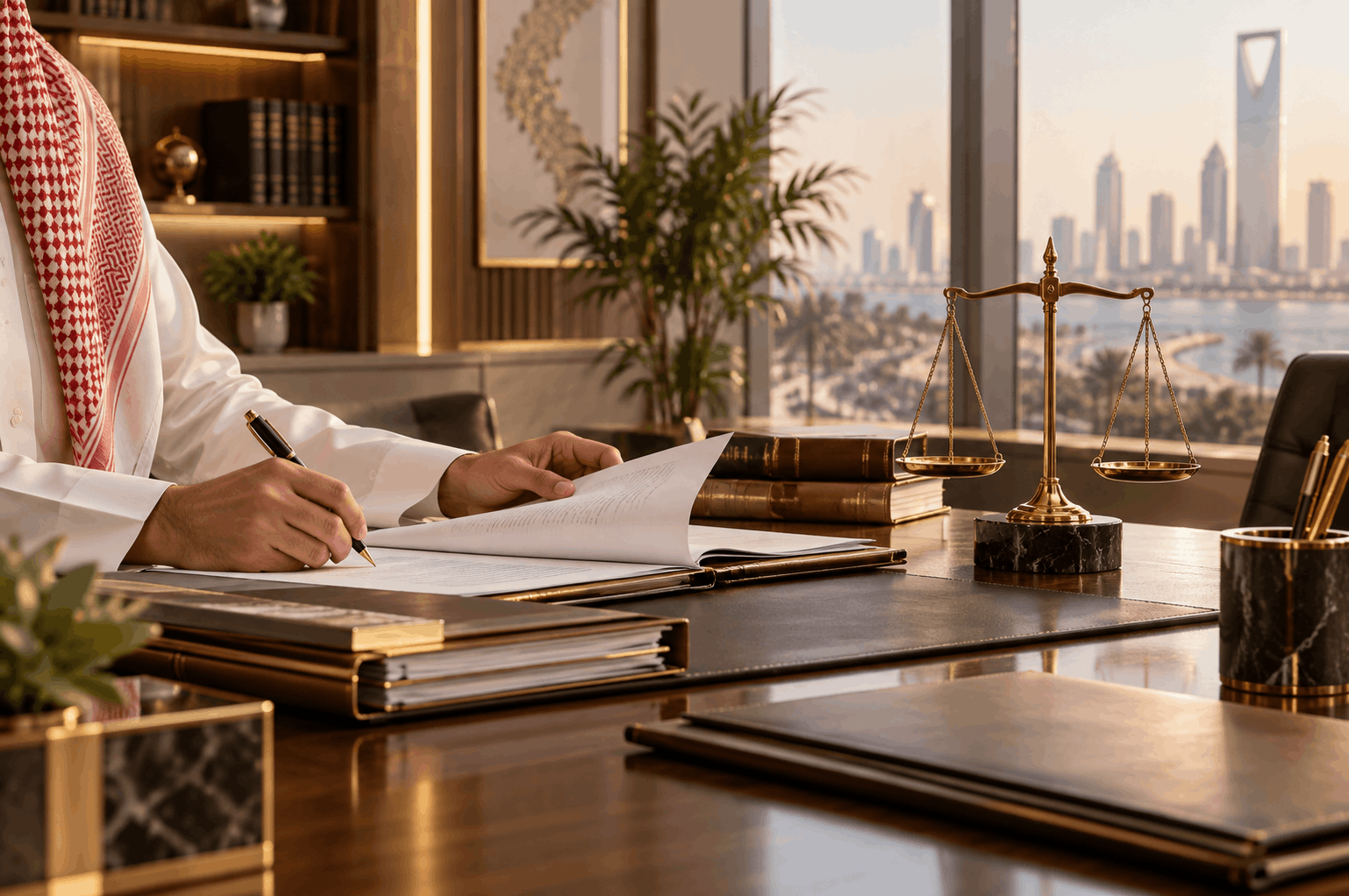 Saudi lawyer preparing an appeal memorandum in a labour dispute over a 20% work-nature allowance