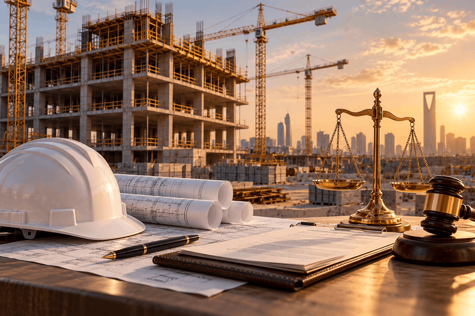 إنهاء عقد المقاول بسبب التأخير أو الإخلال في السعودية مع مشروع إنشائي ومخططات هندسية وميزان العدالة