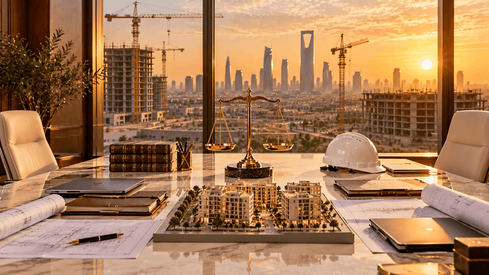 ميزان عدالة ذهبي ونموذج مشروع سكني ومخططات هندسية ووثائق عقود على طاولة اجتماعات قانونية تطل على مشاريع البناء وأفق مدينة الرياض وقت الغروب