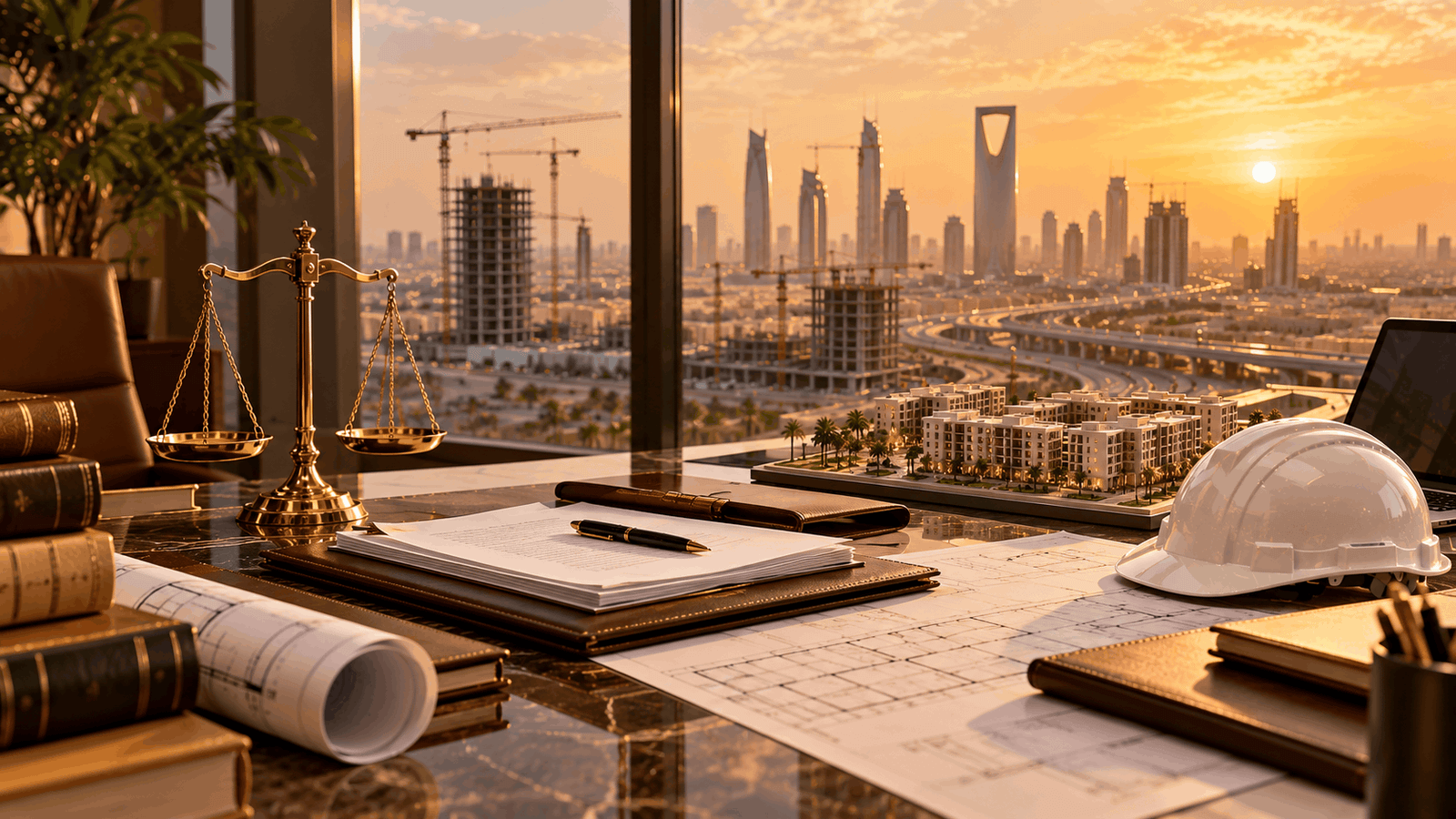 ميزان عدالة ذهبي ومخططات هندسية ووثائق عقود المقاولات ونموذج معماري وخوذة سلامة أمام مشاريع البناء في الرياض وقت الغروب
