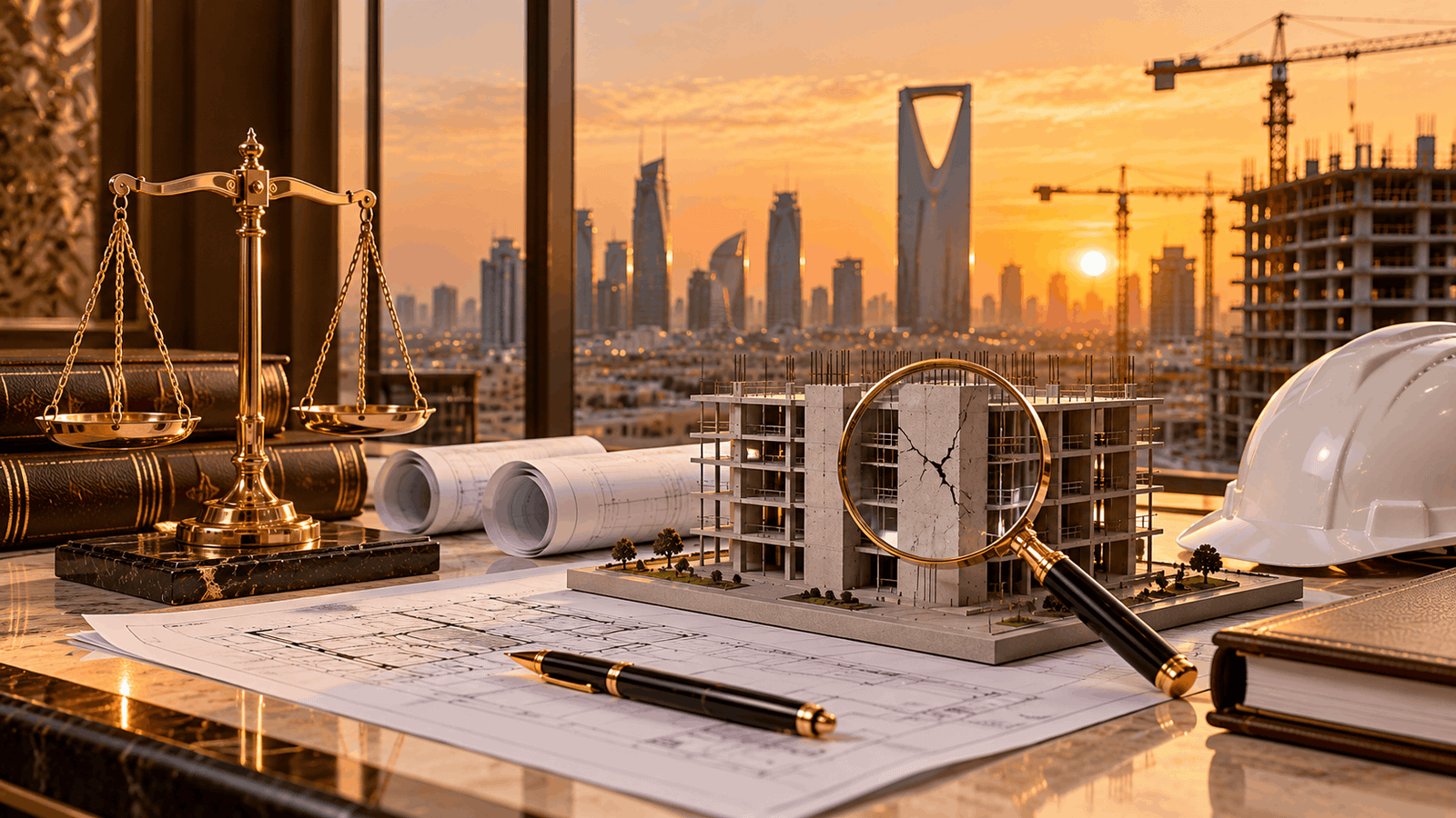 ميزان العدالة الذهبي ونموذج مبنى تظهر به تشققات إنشائية ومخططات هندسية وخوذة سلامة أمام أفق الرياض عند الغروب