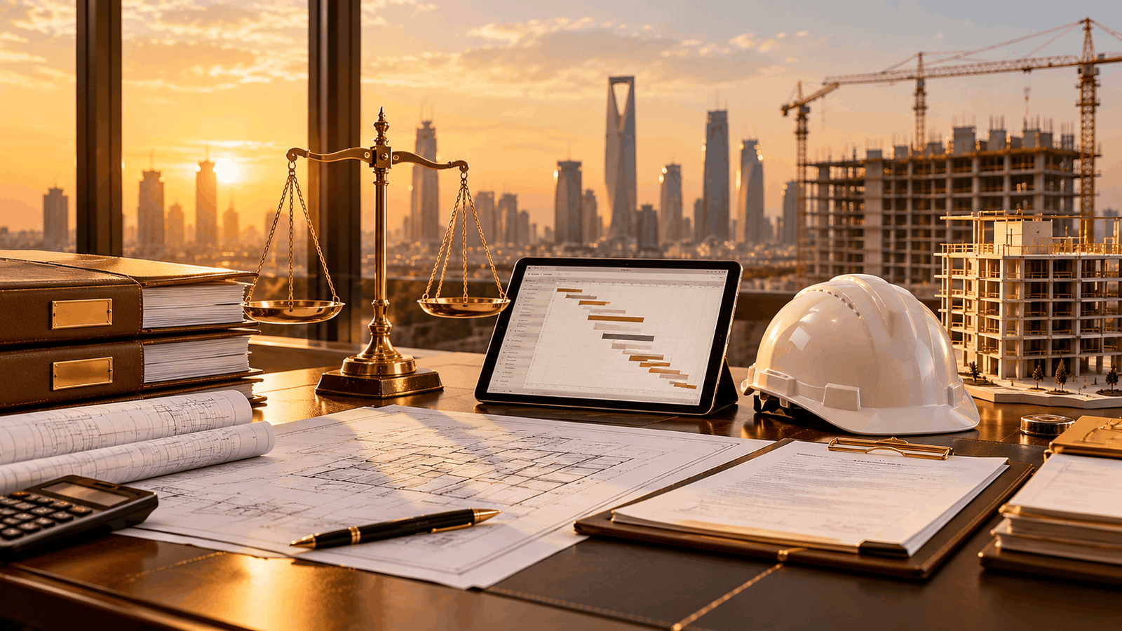 عقود مقاولات ومخططات هندسية ومستندات مطالبات مالية وميزان عدالة ذهبي وخوذة سلامة أمام أفق الرياض عند الغروب