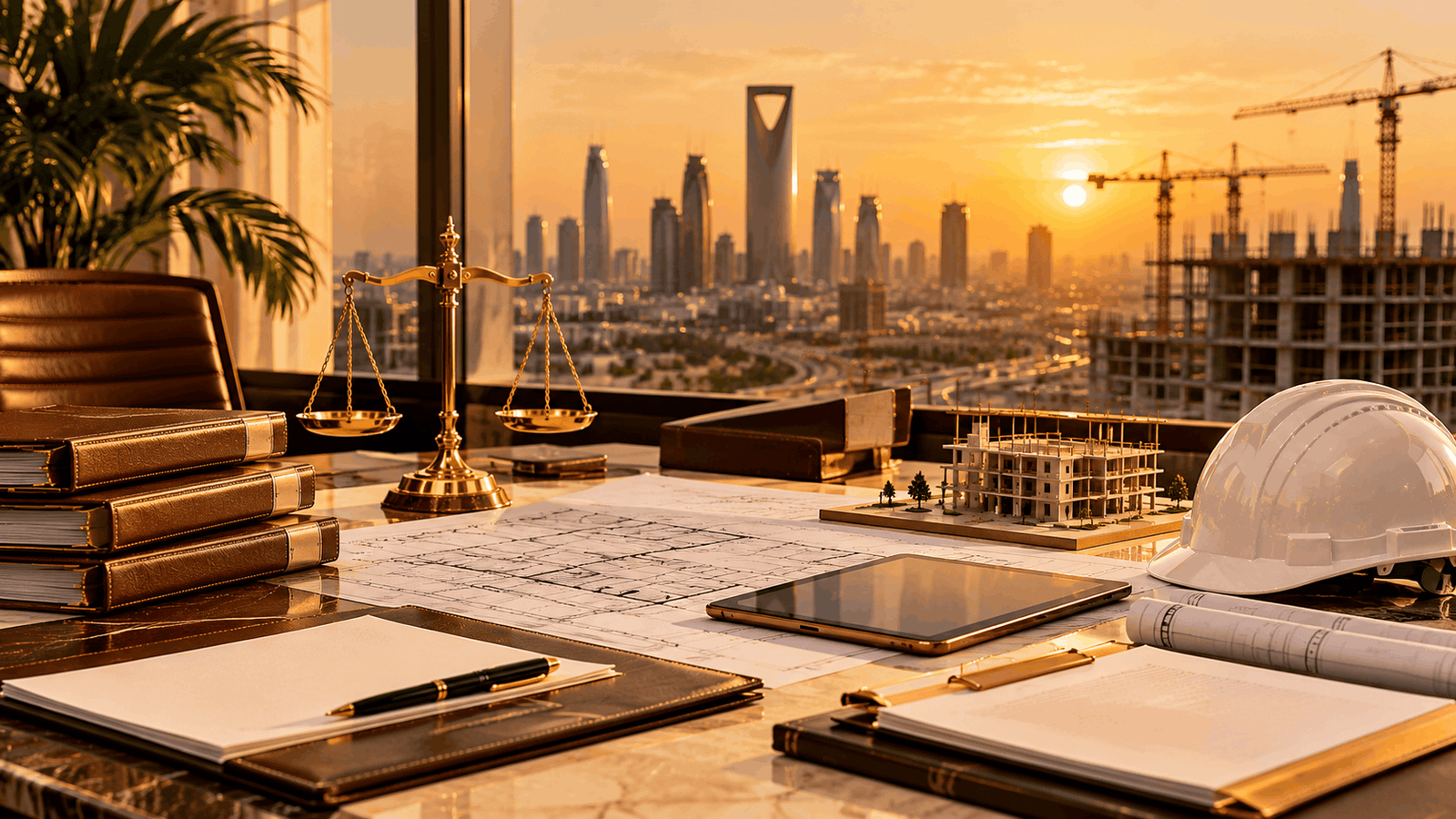ميزان عدالة ذهبي وعقود مقاولات ومخططات هندسية وجهاز لوحي وخوذة سلامة على مكتب قانوني أمام مشاريع البناء في الرياض وقت الغروب