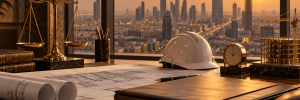 ميزان عدالة ذهبي ومخططات هندسية وخوذة سلامة بيضاء وساعة على مكتب قانوني يطل على مشاريع البناء وأفق مدينة الرياض وقت الغروب