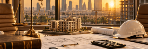ميزان عدالة ذهبي ونموذج مشروع سكني ومخططات هندسية وخوذة سلامة على طاولة اجتماعات قانونية تطل على مشاريع البناء وأفق الرياض وقت الغروب