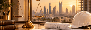 ميزان عدالة ذهبي ومخططات هندسية وعقود مقاولات وخوذة سلامة بيضاء على مكتب قانوني يطل على أفق مدينة الرياض ومشروع إنشائي وقت الغروب