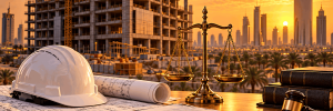 إنهاء عقد المقاول بسبب التأخير أو الإخلال في السعودية، مع مشروع إنشائي ومخططات هندسية وميزان العدالة ومستندات التعاقد.