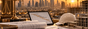 Golden scales of justice, construction blueprints, project schedule on a tablet and white safety helmet overlooking Riyadh skyline at sunset