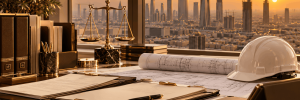 ميزان عدالة ذهبي ومستندات عقود المقاولات ومخططات هندسية وخوذة سلامة بيضاء على مكتب قانوني يطل على مدينة الرياض وقت الغروب